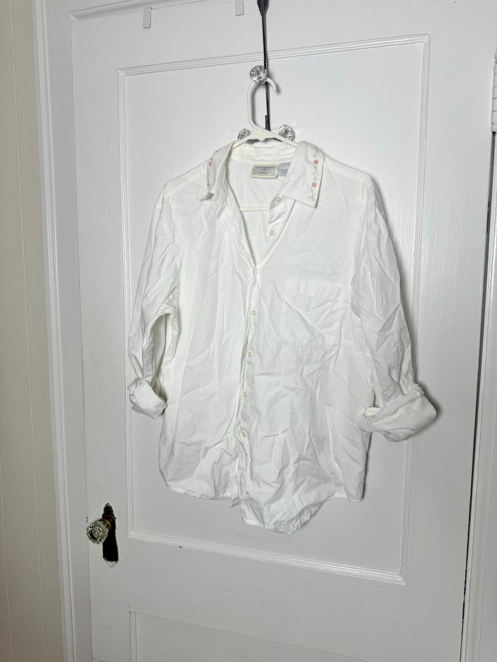 Vintage Susan Bristol Shirt L White Embroidered Rose Collar Cottagecore Preppy